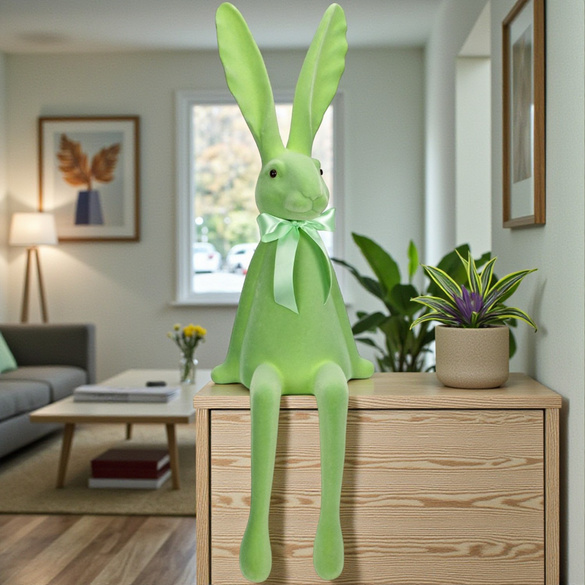 Dekofigur Hase beflockt aus Kunststoff Grün