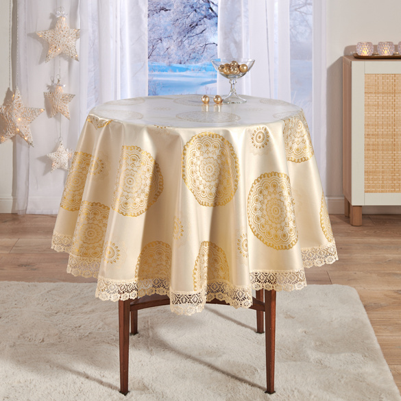 Tischdecke "Mandala" goldfarben mit Spitzensaum Ø 140 cm