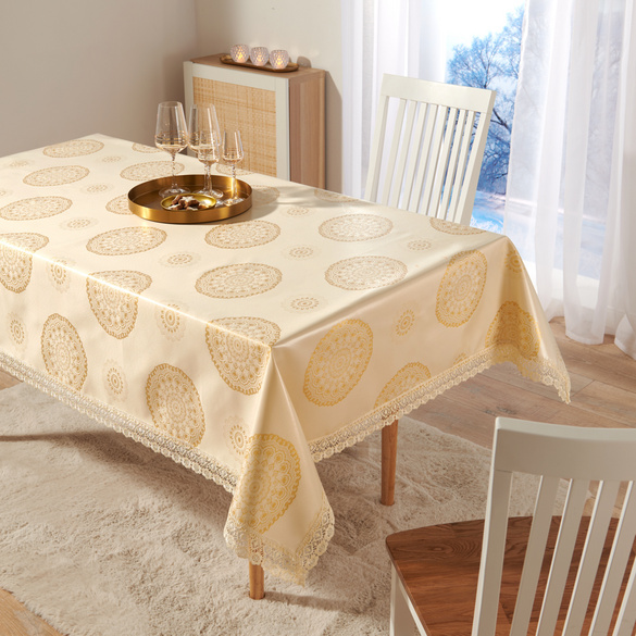 Tischdecke "Mandala" goldfarben mit Spitzensaum 175 x 135 cm
