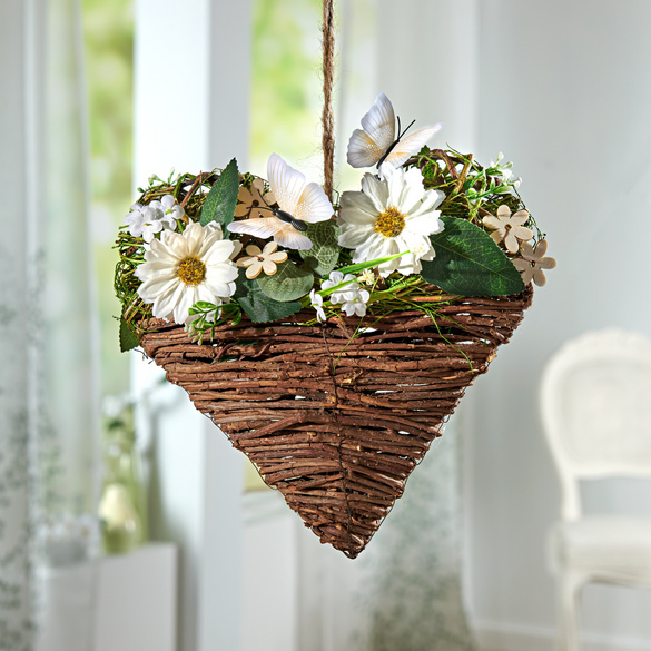 Hängedeko Rattanherz mit Blüten