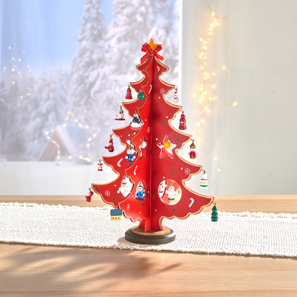 Holz-Weihnachtsbaum mit Baumschmuck zum Dekorieren rot