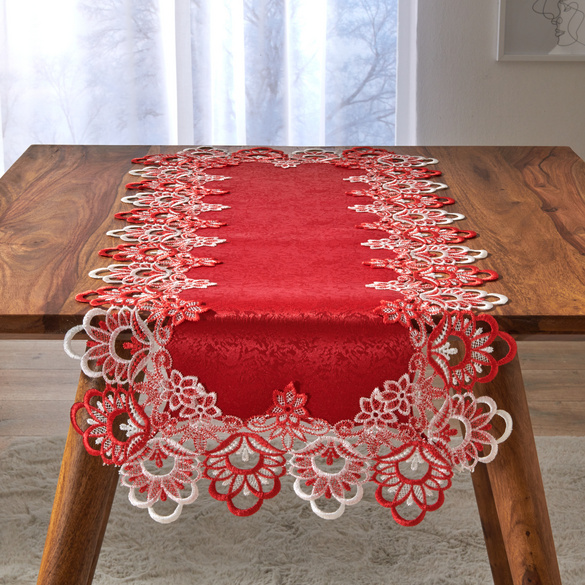 Jacquard-Tischläufer mit filigranem Spitzensaum rot