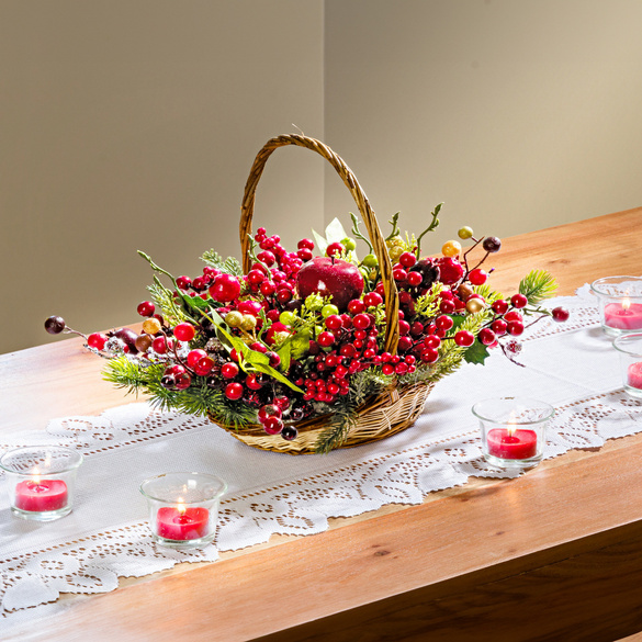 3Pagen Kunstblumen-Gesteck "Beeren" im Rattankorb