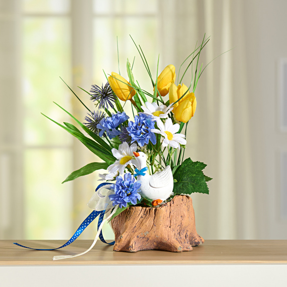 Kunstblumenarrangement Tulpengesteck mit Deko-Gans