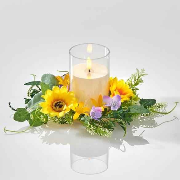 LED-Kerze mit Sonnenblumen-Kranz