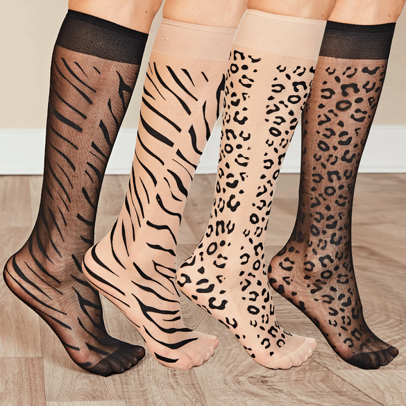 Nylon-Kniestrümpfe Leo/Zebra-Design 4er-Set