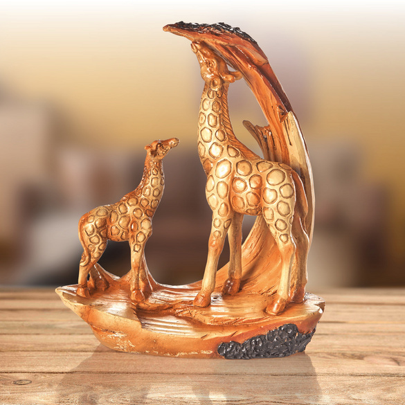 Resin-Skulptur "Giraffe mit Kind" in Holzoptik
