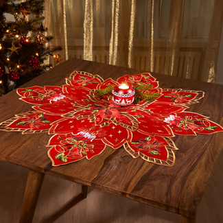 Weihnachtlicher Tischläufer Mit Weihnachtsstern-Muster – Rot, 33x183 Cm, Aus Leinen, Für Esstisch & Deko