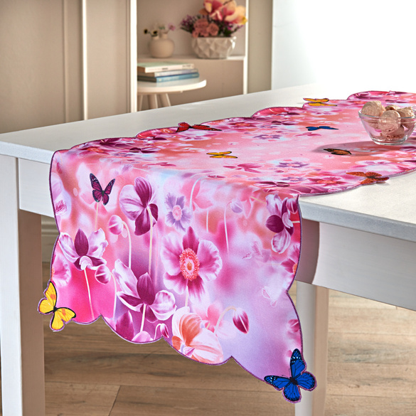 Tischläufer 40x90 Cm Oval – Lila Schmetterlinge & Blumen Stickerei Auf Weißem Polyester