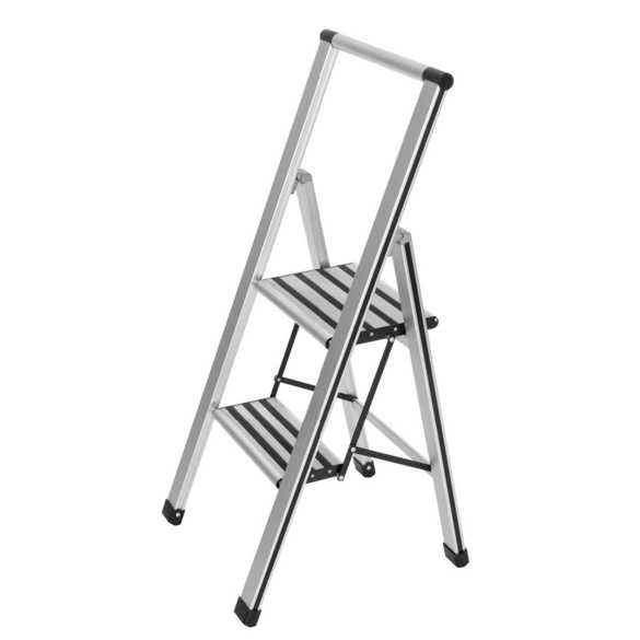 Alu-Design Klapptrittleiter 2-stufig Silber, rutschsichere XXL-Stufen