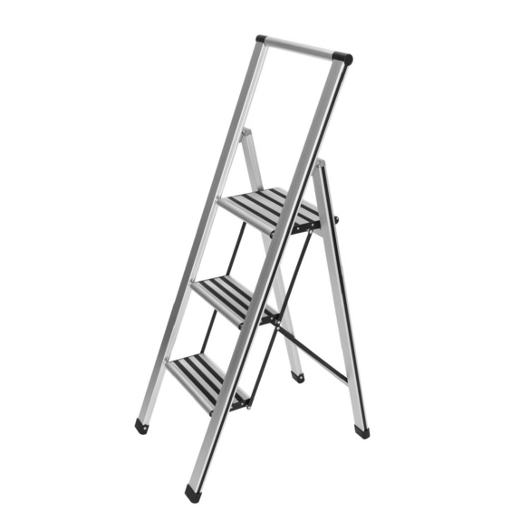 Alu-Design Klapptrittleiter 3-stufig Silber, rutschsichere XXL-Stufen