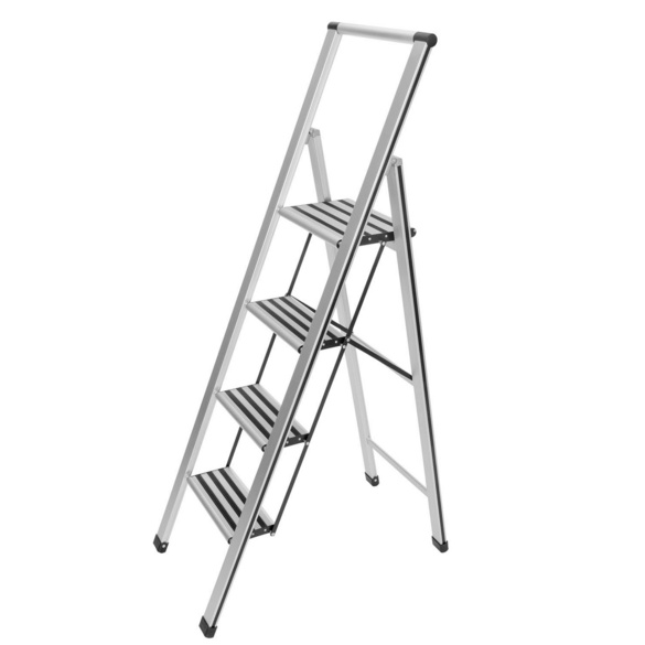 Alu-Design Klapptrittleiter 4-stufig Silber, rutschsichere XXL-Stufen