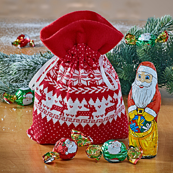 Stricksack weihnachtliches Norwegermuster gefüllt mit Pralinen