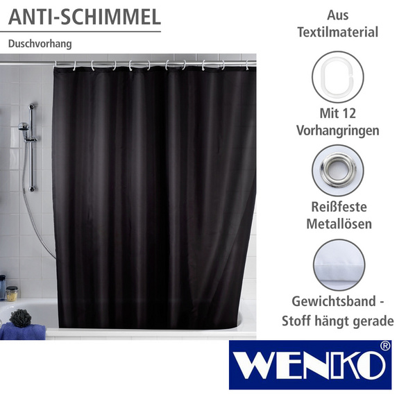 WENKO Anti-Schimmel Duschvorhang Uni Black, Textil (Polyester), 180 x 200 cm, waschbar