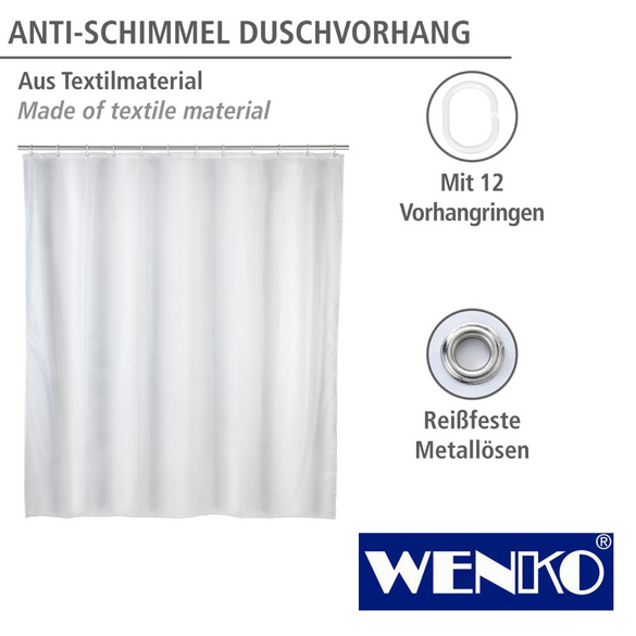 WENKO Anti-Schimmel Duschvorhang Uni White, Textil (Polyester), 120 x 200 cm, waschbar