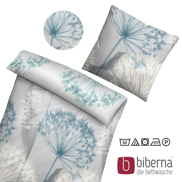 biberna Mako-Satin Bettwäsche PUSTEBLUME  sturmgrau, 155x220 cm + 80x80 cm