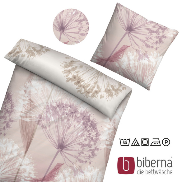 biberna Mako-Satin Bettwäsche PUSTEBLUME  rose, 155x200 cm + 80x80 cm