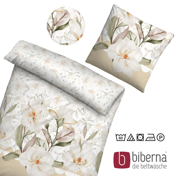 biberna Mako-Satin Bettwäsche BLUME  kitt, 155x220 cm + 80x80 cm