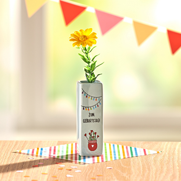 Mini-Blumenvase "Zum Geburtstag" mit Kunstblume Eldo