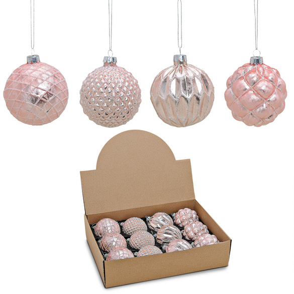 Weihnachtskugel Glitter Pink/Silber Ø8cm 12er-Set