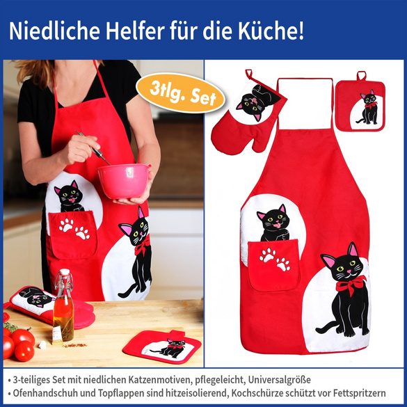 Kochschürze + Ofenhandschuh + Topflappen mit Katzenmotiv, 3er-Set