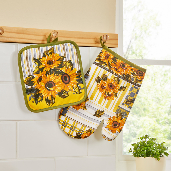 Topflappen- & Küchenhandschuh-Set „Sonnenblumen“