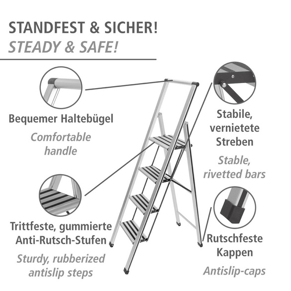 WENKO Alu-Design Klapptrittleiter 4-stufig Silber, rutschsichere XXL-Stufen