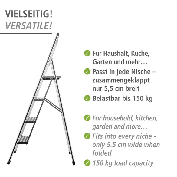 WENKO Alu-Design Klapptrittleiter 4-stufig Silber, rutschsichere XXL-Stufen