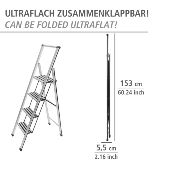 WENKO Alu-Design Klapptrittleiter 4-stufig Silber, rutschsichere XXL-Stufen