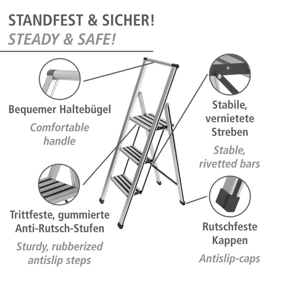 WENKO Alu-Design Klapptrittleiter 3-stufig Silber, rutschsichere XXL-Stufen