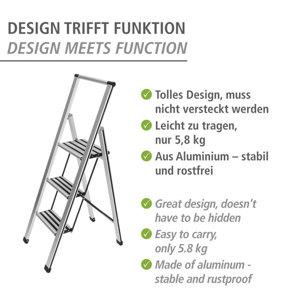 WENKO Alu-Design Klapptrittleiter 3-stufig Silber, rutschsichere XXL-Stufen