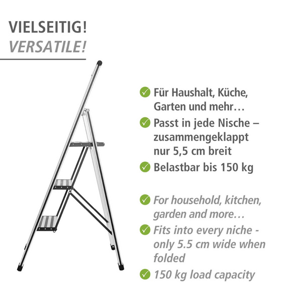 WENKO Alu-Design Klapptrittleiter 3-stufig Silber, rutschsichere XXL-Stufen