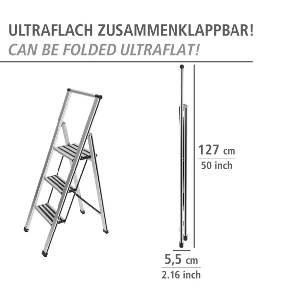 WENKO Alu-Design Klapptrittleiter 3-stufig Silber, rutschsichere XXL-Stufen