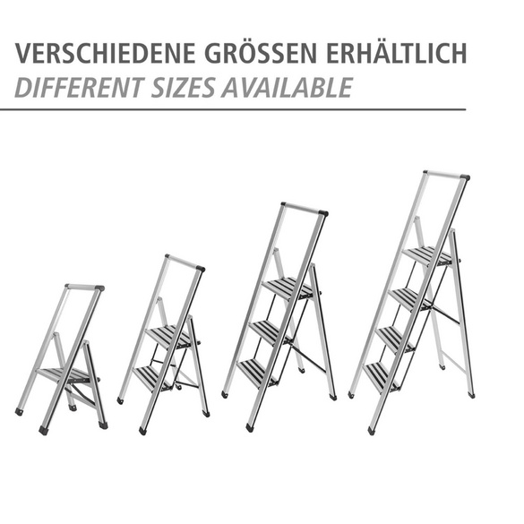 WENKO Alu-Design Klapptrittleiter 3-stufig Silber, rutschsichere XXL-Stufen