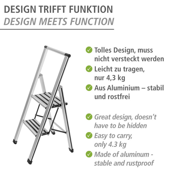 WENKO Alu-Design Klapptrittleiter 2-stufig Silber, rutschsichere XXL-Stufen