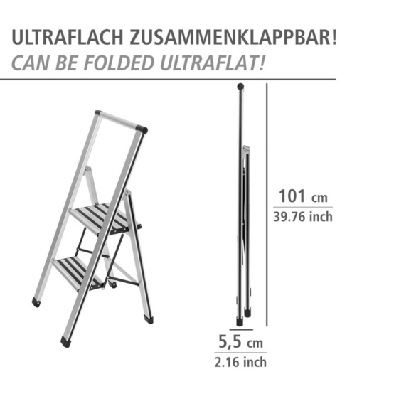 WENKO Alu-Design Klapptrittleiter 2-stufig Silber, rutschsichere XXL-Stufen