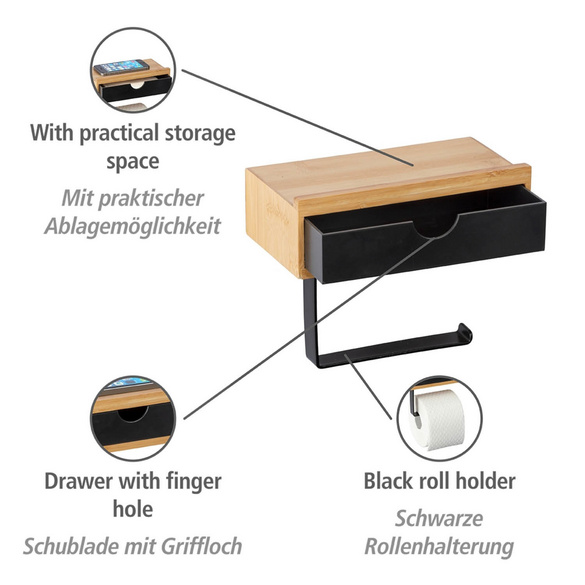 WENKO Toilettenpapierrollenhalter mit Schublade Mod. Bambusa, zur Wandmontage