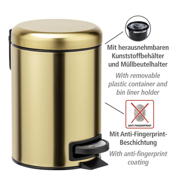 WENKO Kosmetik Treteimer Mod. Leman, Gold matt, 3 L, Edelstahl, 3 Liter