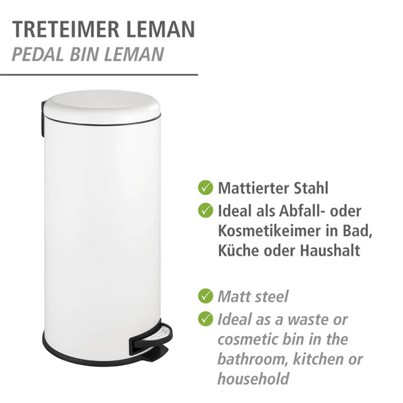 WENKO Treteimer Mod. Leman Easy Close Weiß 30 L, mit herausnehmbarem Einsatz