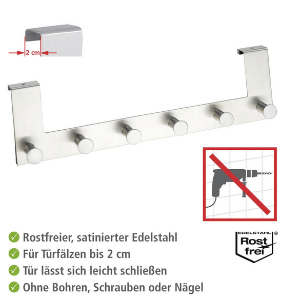 WENKO Türgarderobe Edelstahl Mod. Celano, 6 Haken, für Türfalzstärken bis 2 cm