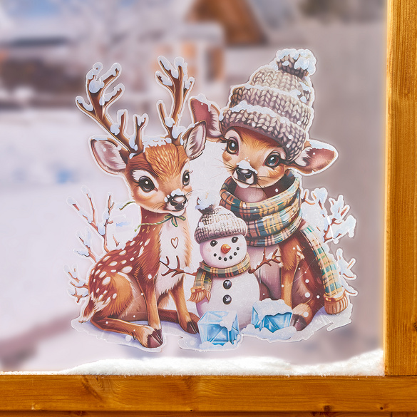 Fensterbild "Rehe & Schneemann"