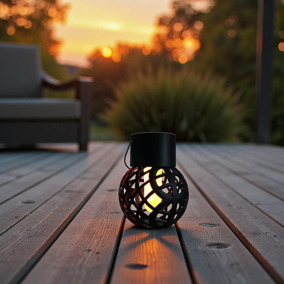 Solarlaterne Windlicht steht auf einem Terrassenboden und leuchtet sanft bei Abenddämmerung