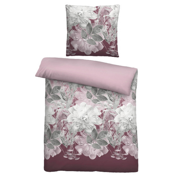 Castell Thermo-Fleece Bettwäsche Blume groß bordeauxrot, 1x 135x200 cm + 1x 80x80 cm