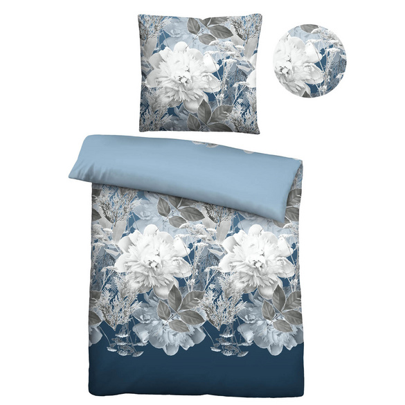 Castell Thermo-Fleece Bettwäsche Blume groß eisblau, 1x 135x200 cm + 1x 80x80 cm