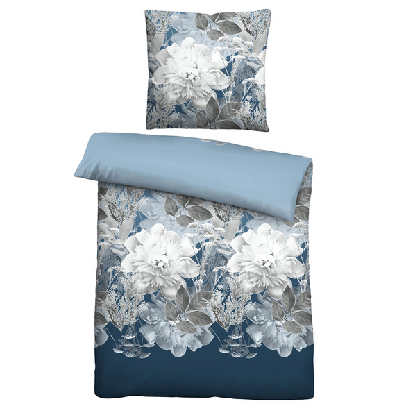 Castell Thermo-Fleece Bettwäsche Blume groß eisblau, 1x 135x200 cm + 1x 80x80 cm