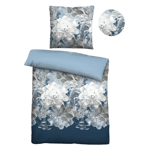 Castell Thermo-Fleece Bettwäsche Blume groß eisblau, 1x 155x220 cm + 1x 80x80 cm