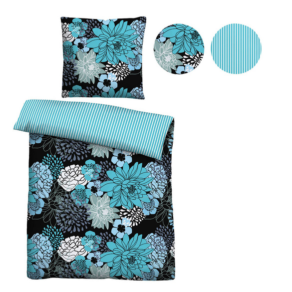 Castell Baumwoll Renforce Bettwäsche Blumen türkis, 1x 135x200 cm + 1x 80x80 cm