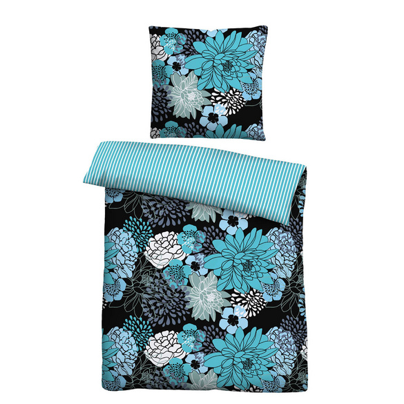 Castell Baumwoll Renforce Bettwäsche Blumen türkis, 1x 135x200 cm + 1x 80x80 cm