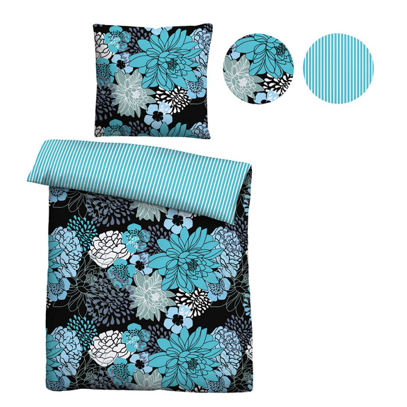 Castell Baumwoll Renforce Bettwäsche Blumen türkis, 1x 155x220 cm + 1x 80x80 cm