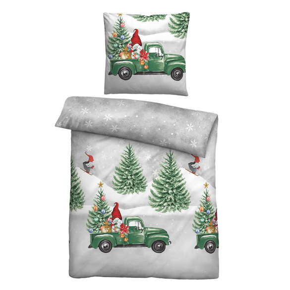 biberna Feinbiber Bettwäsche Wichtel & Weihnachtsbaum sturmgrau, 135x200 cm + 80x80 cm